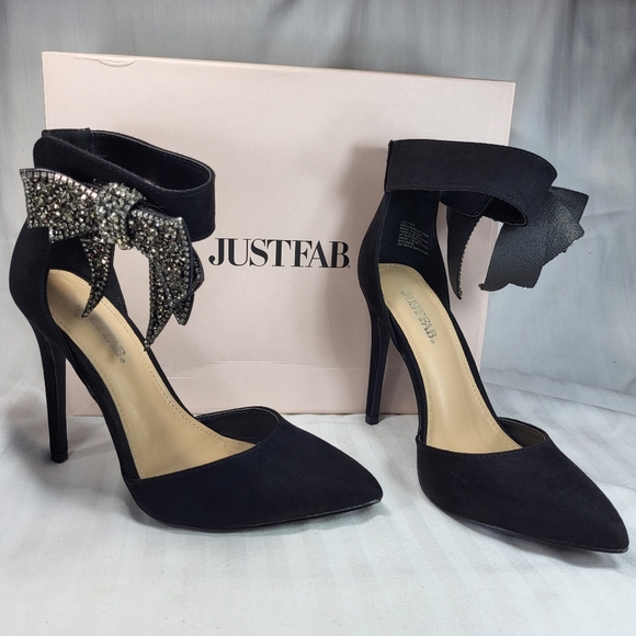 JustFab Lucy Black Pumps Heels SHOES Womens Size 7W Bling Bow Point Toe Just Fab - Picture 16 of 16